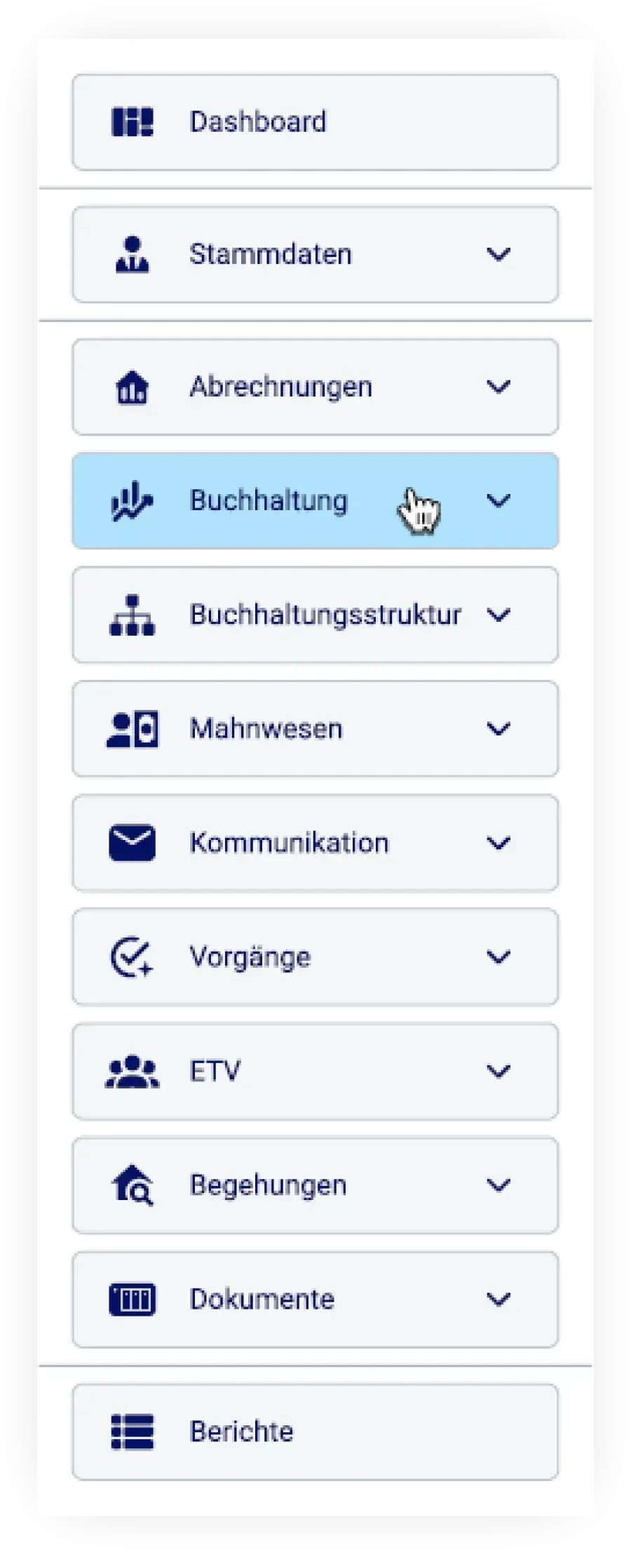 Menü der easimo-App-Oberfläche mit Menüpunkten wie Dashboard, Stammdaten, Abrechnungen oder Buchhaltung