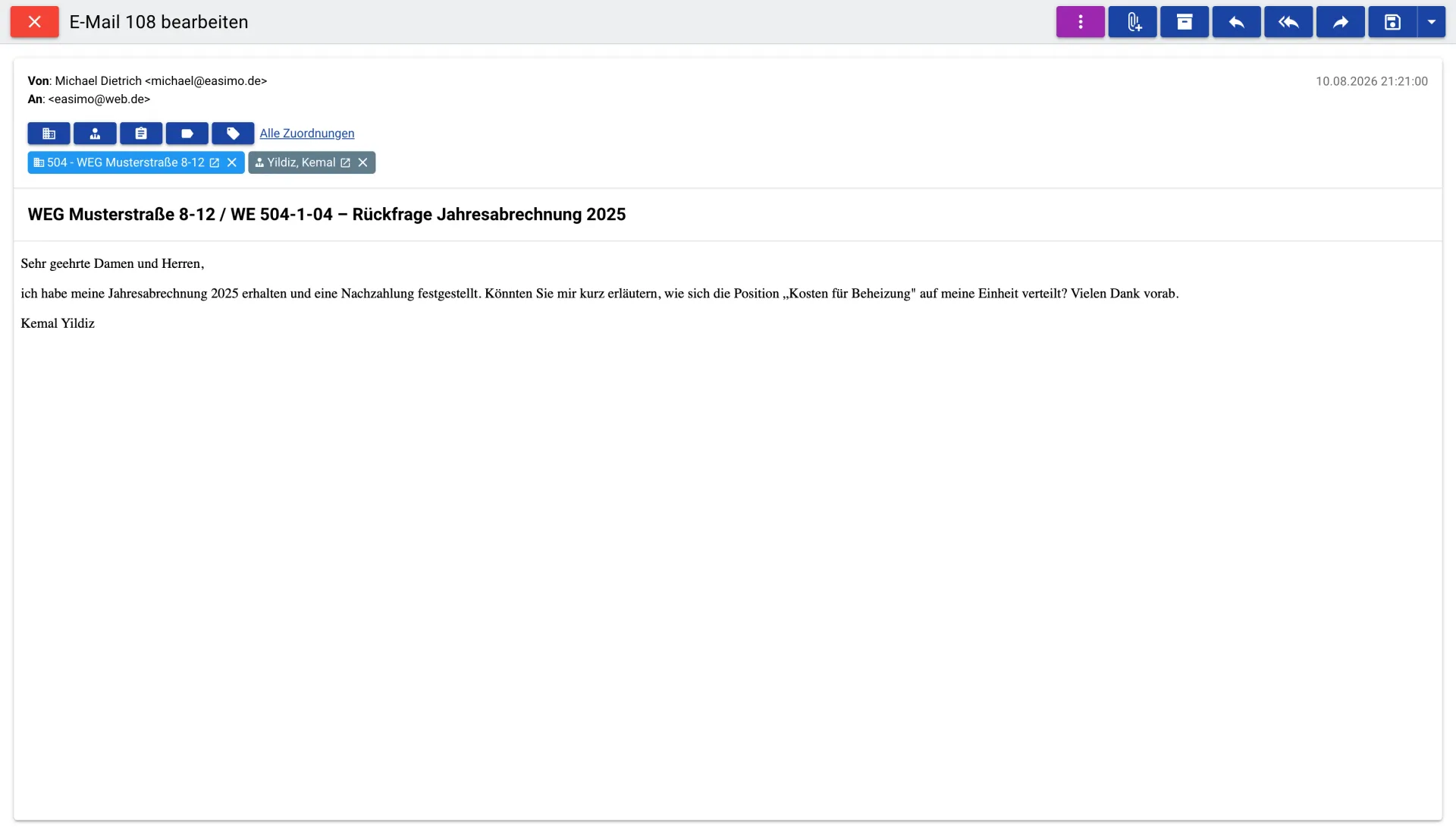 E-Mail-Ansicht in easimo mit Antworten-, Weiterleiten- und Archivieren-Funktion