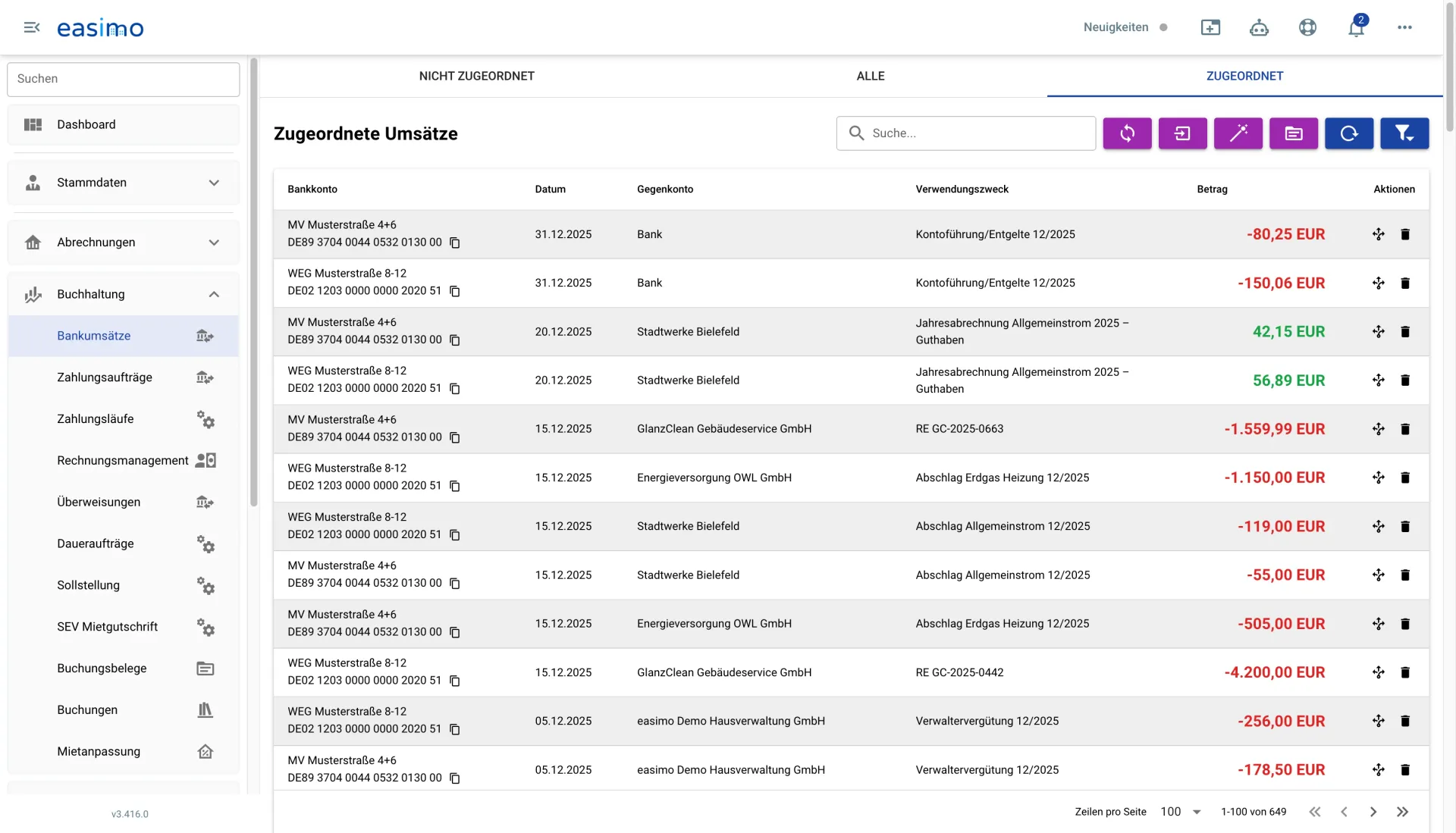 Liste automatisch zugeordneter Bankumsätze in der easimo Hausverwaltungssoftware