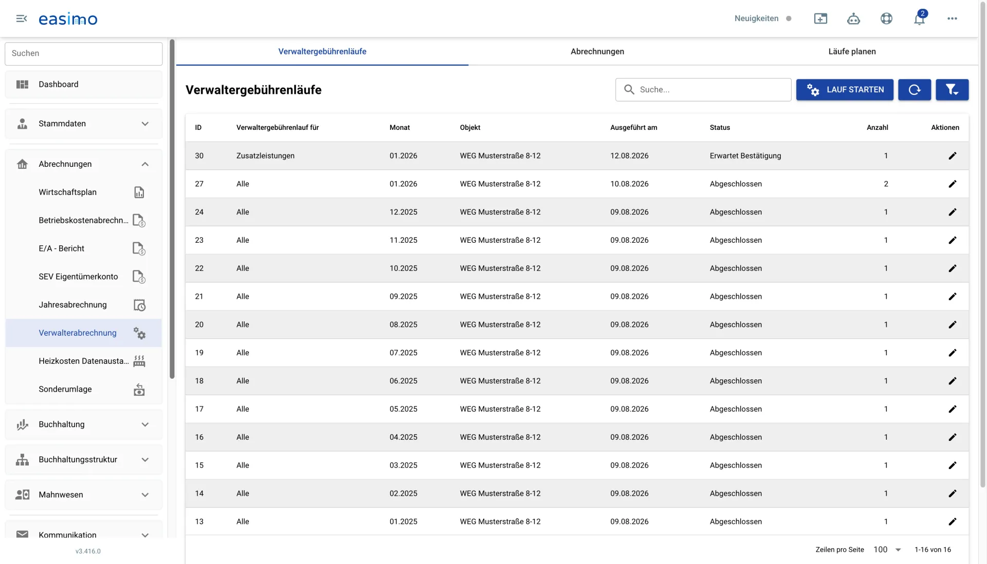 Liste automatischer, monatlich wiederkehrender Verwaltergebührenläufe in easimo